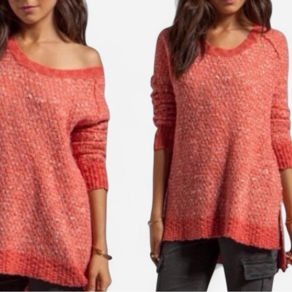 FREE PEOPLE Chunky Knit Scoop Neck Sweater in Coral